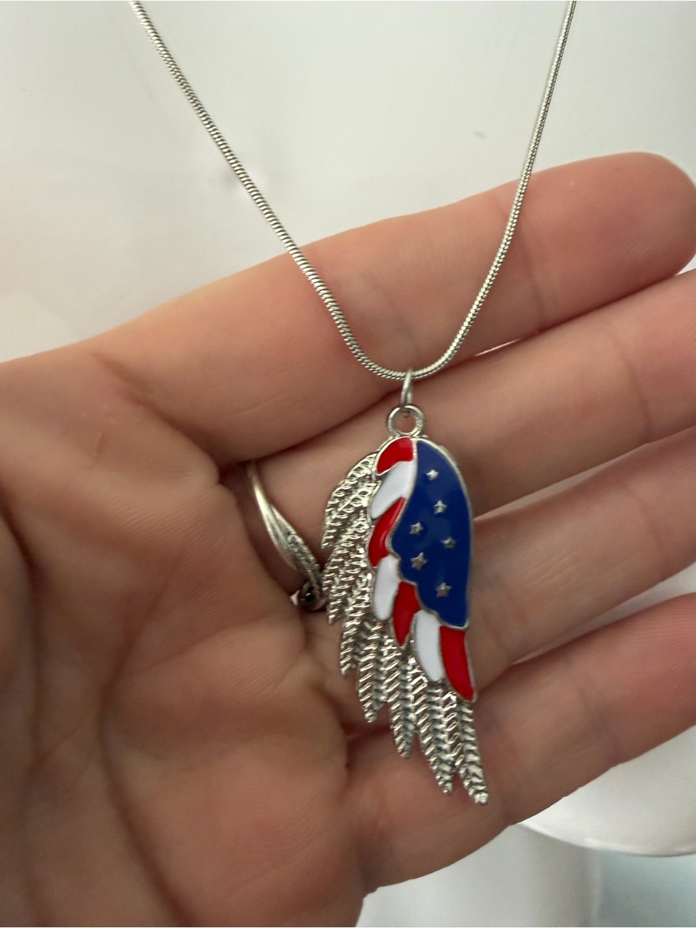 Silver Wing Pendant Necklace with Red, White & Blue Enamel